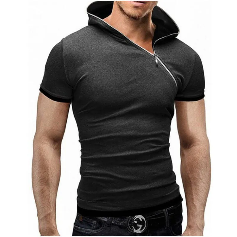 Men'S T Shirt Brands Fashion Hooded Slant Zip Short-Sleeved Tees Male Camisa Masculina T-Shirt Slim Tshirt Homme 4XL