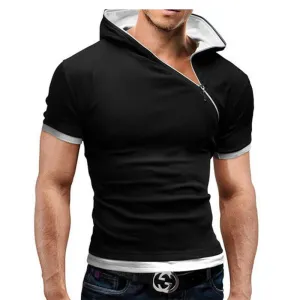 Men'S T Shirt Brands Fashion Hooded Slant Zip Short-Sleeved Tees Male Camisa Masculina T-Shirt Slim Tshirt Homme 4XL