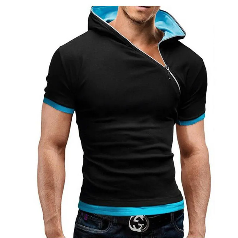 Men'S T Shirt Brands Fashion Hooded Slant Zip Short-Sleeved Tees Male Camisa Masculina T-Shirt Slim Tshirt Homme 4XL