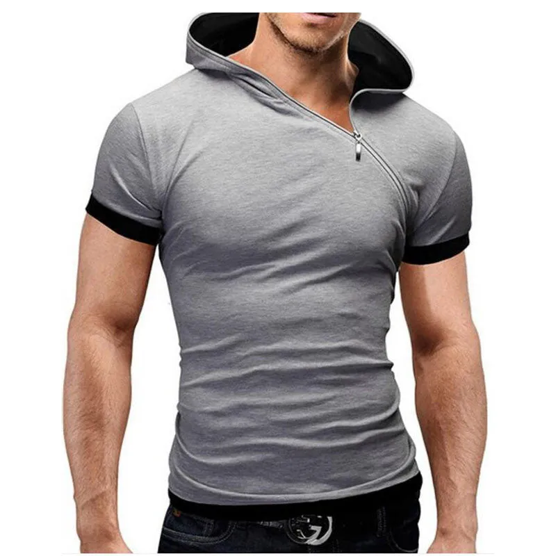 Men'S T Shirt Brands Fashion Hooded Slant Zip Short-Sleeved Tees Male Camisa Masculina T-Shirt Slim Tshirt Homme 4XL