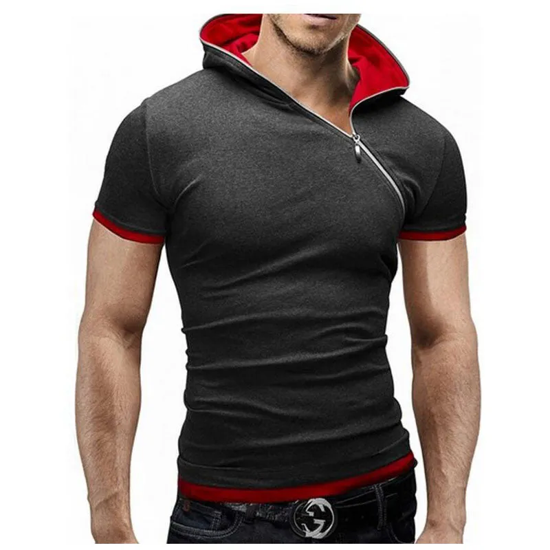 Men'S T Shirt Brands Fashion Hooded Slant Zip Short-Sleeved Tees Male Camisa Masculina T-Shirt Slim Tshirt Homme 4XL