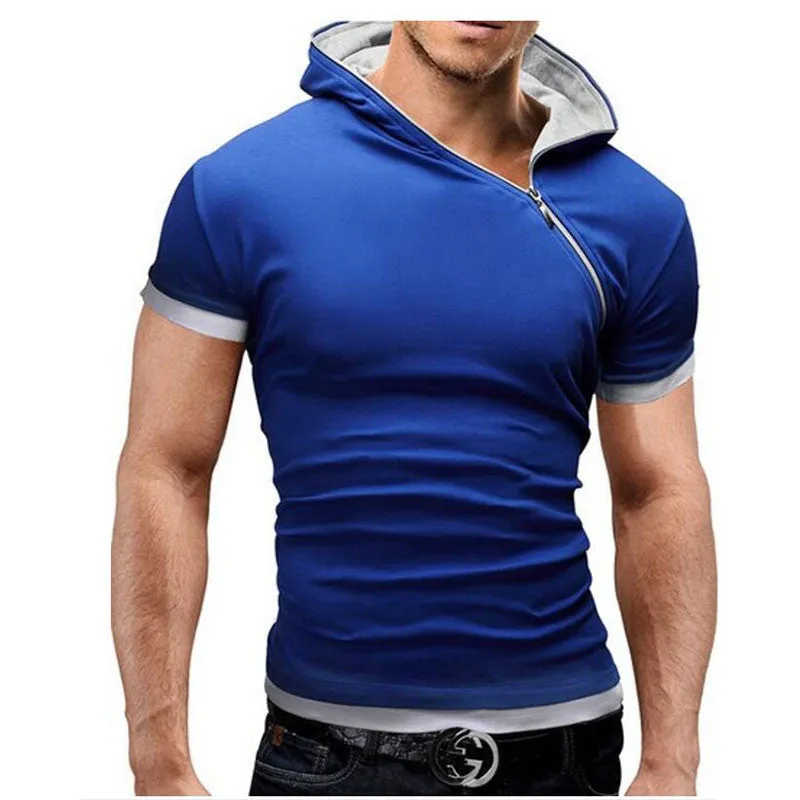 Men'S T Shirt Brands Fashion Hooded Slant Zip Short-Sleeved Tees Male Camisa Masculina T-Shirt Slim Tshirt Homme 4XL