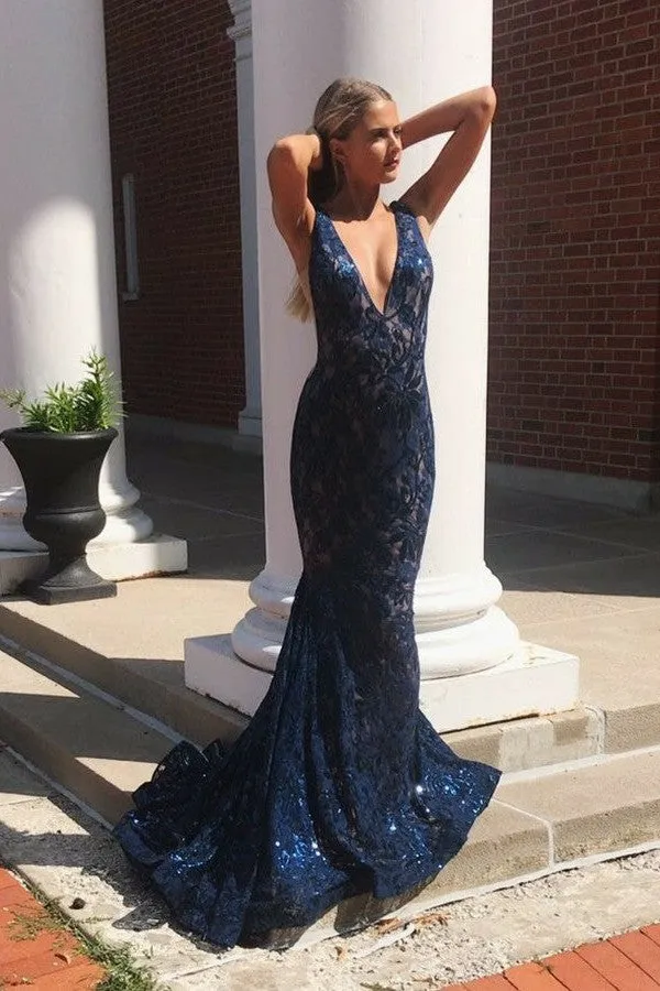 Mermaid Deep V-neck Wide Strap Floor Length Court Paillette Crochet Flower Evening Dress