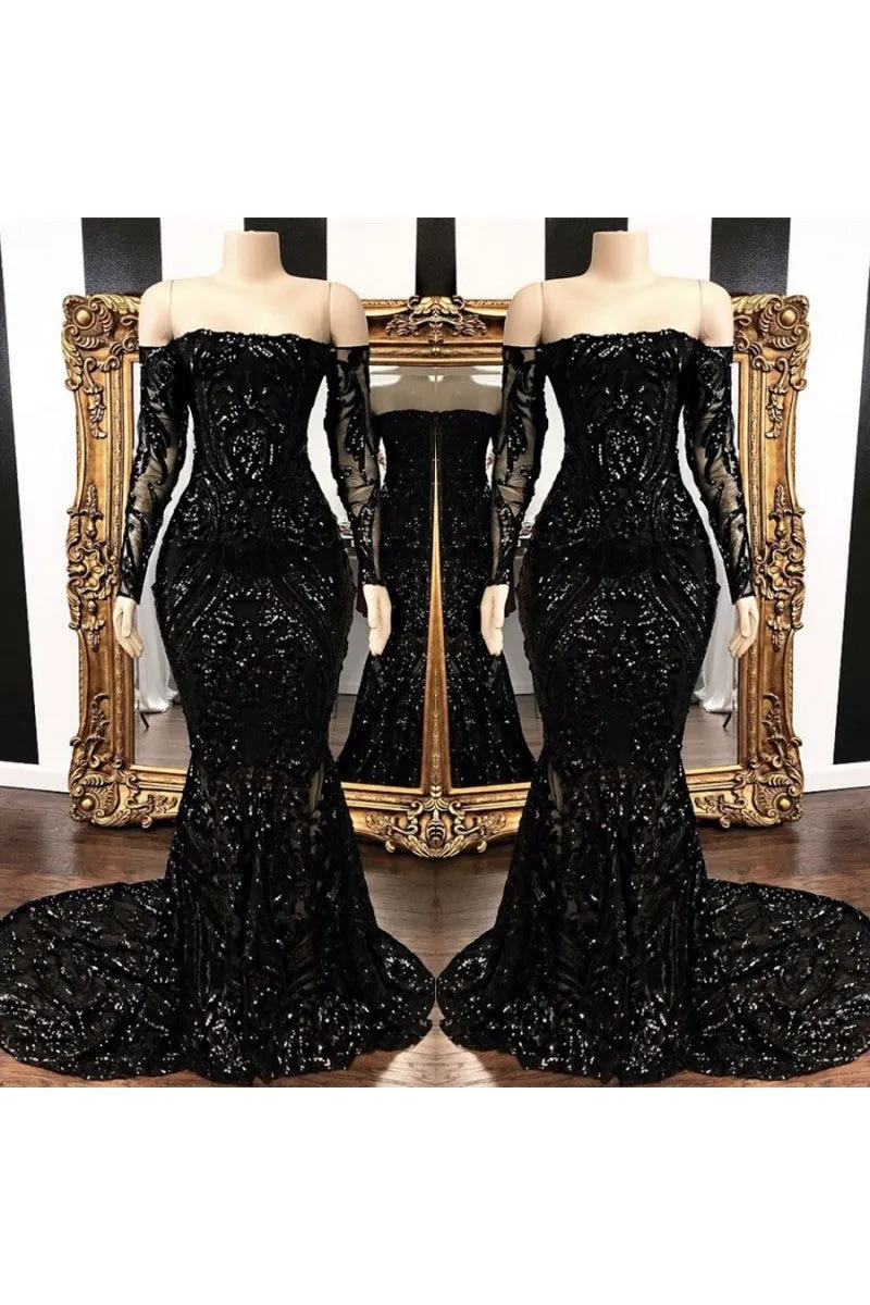 Mermaid Strapless Court Length Long Sleeve Beaded Paillette Embroidery Prom Dress