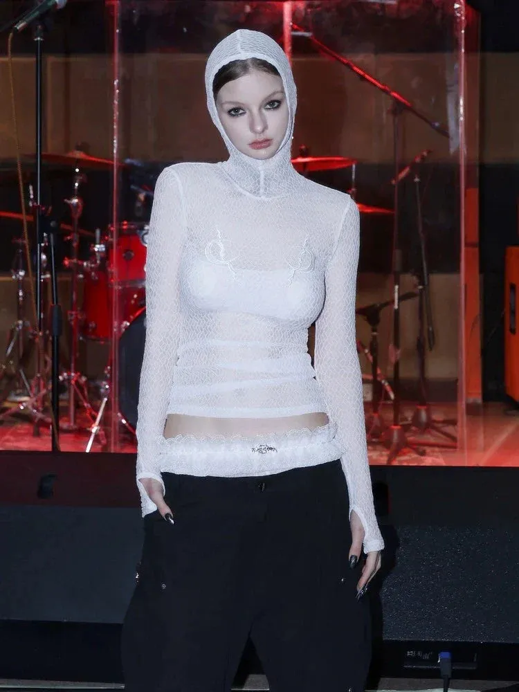 mesh hooded bottoming shirt