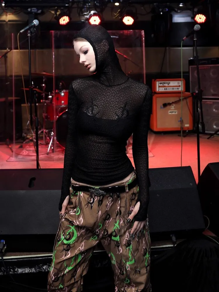 mesh hooded bottoming shirt