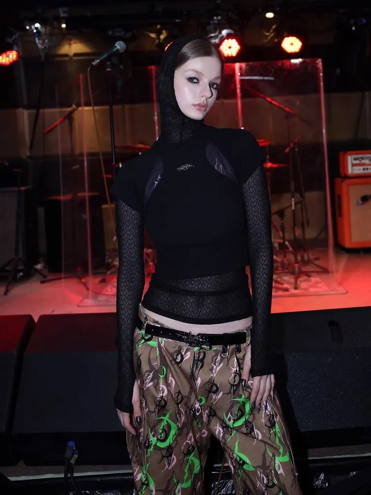 mesh hooded bottoming shirt