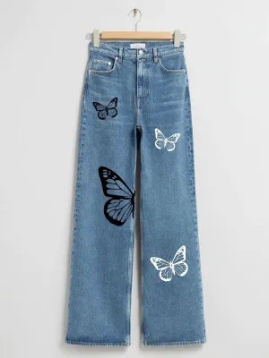 MID BLUE BUTTERFLY WIDE LEG JEANS