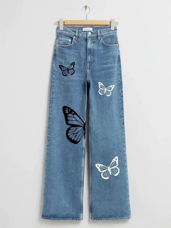 MID BLUE BUTTERFLY WIDE LEG JEANS