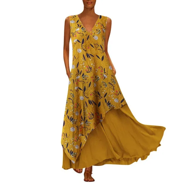 MISSOMO Plus Size 5XL Women Vintage V Neck Splicing Printed Sleeveless long Maxi Dress Linen summer dress women vestidos 611