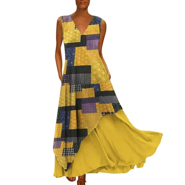 MISSOMO Plus Size 5XL Women Vintage V Neck Splicing Printed Sleeveless long Maxi Dress Linen summer dress women vestidos 611