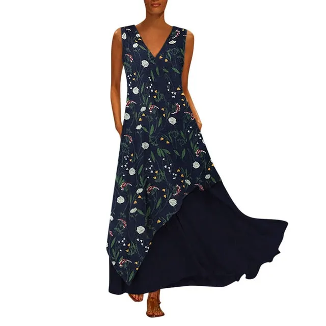 MISSOMO Plus Size 5XL Women Vintage V Neck Splicing Printed Sleeveless long Maxi Dress Linen summer dress women vestidos 611