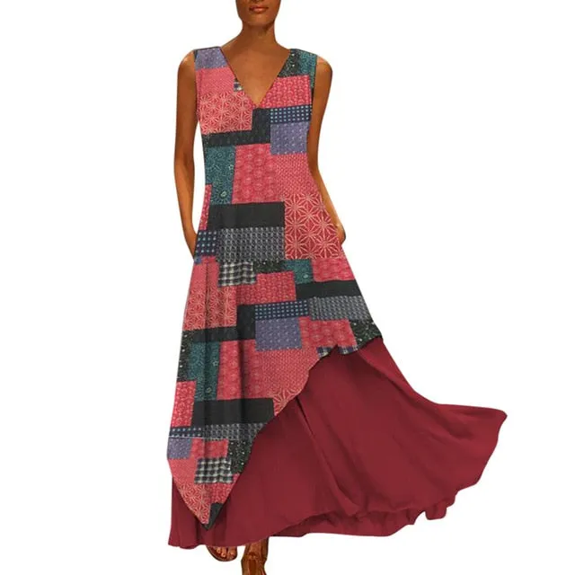 MISSOMO Plus Size 5XL Women Vintage V Neck Splicing Printed Sleeveless long Maxi Dress Linen summer dress women vestidos 611