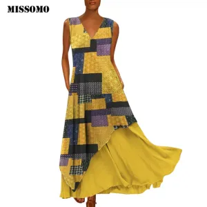 MISSOMO Plus Size 5XL Women Vintage V Neck Splicing Printed Sleeveless long Maxi Dress Linen summer dress women vestidos 611