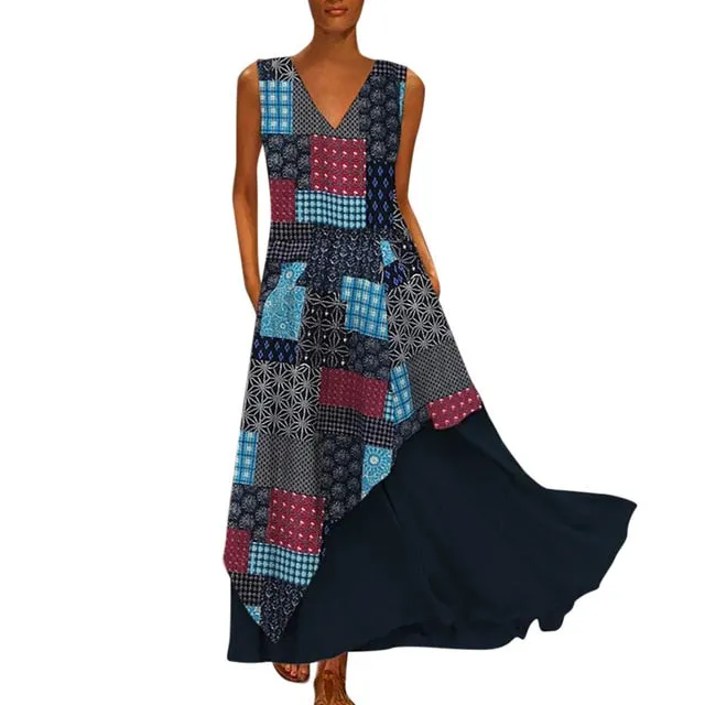 MISSOMO Plus Size 5XL Women Vintage V Neck Splicing Printed Sleeveless long Maxi Dress Linen summer dress women vestidos 611