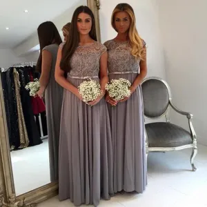 Modest Cap Sleeve Lace Grey Floor-Length Chiffon Wedding Guest Dresses, WG44