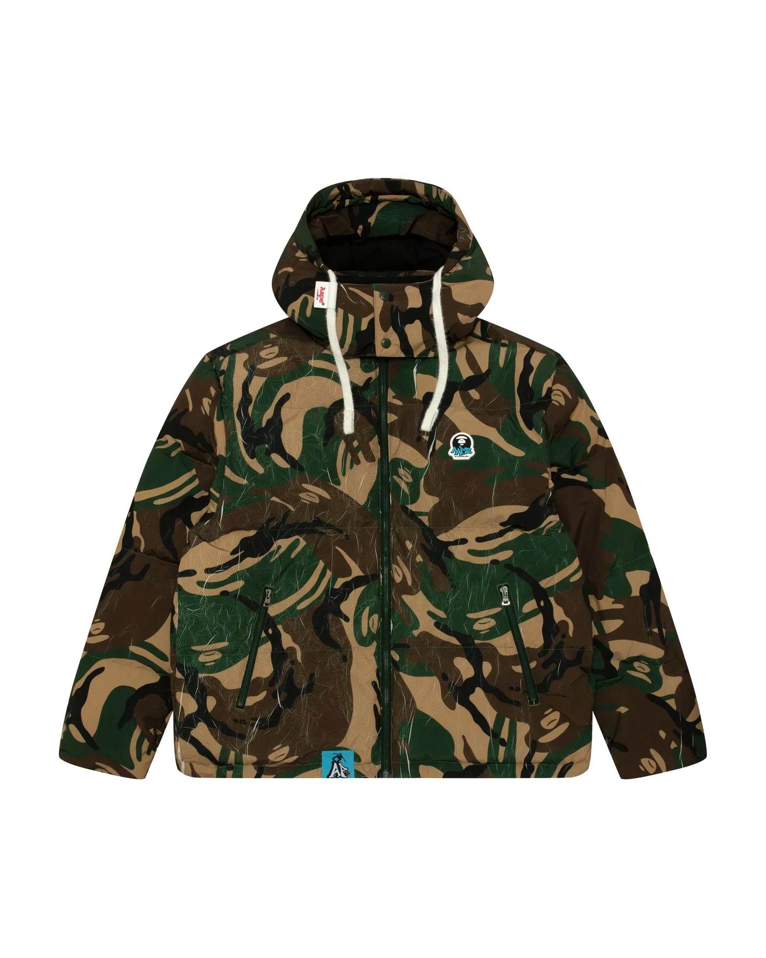 Moonface logo camo hooded puffer jacket