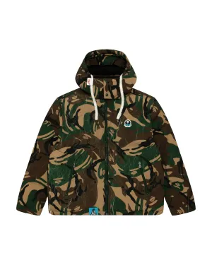 Moonface logo camo hooded puffer jacket