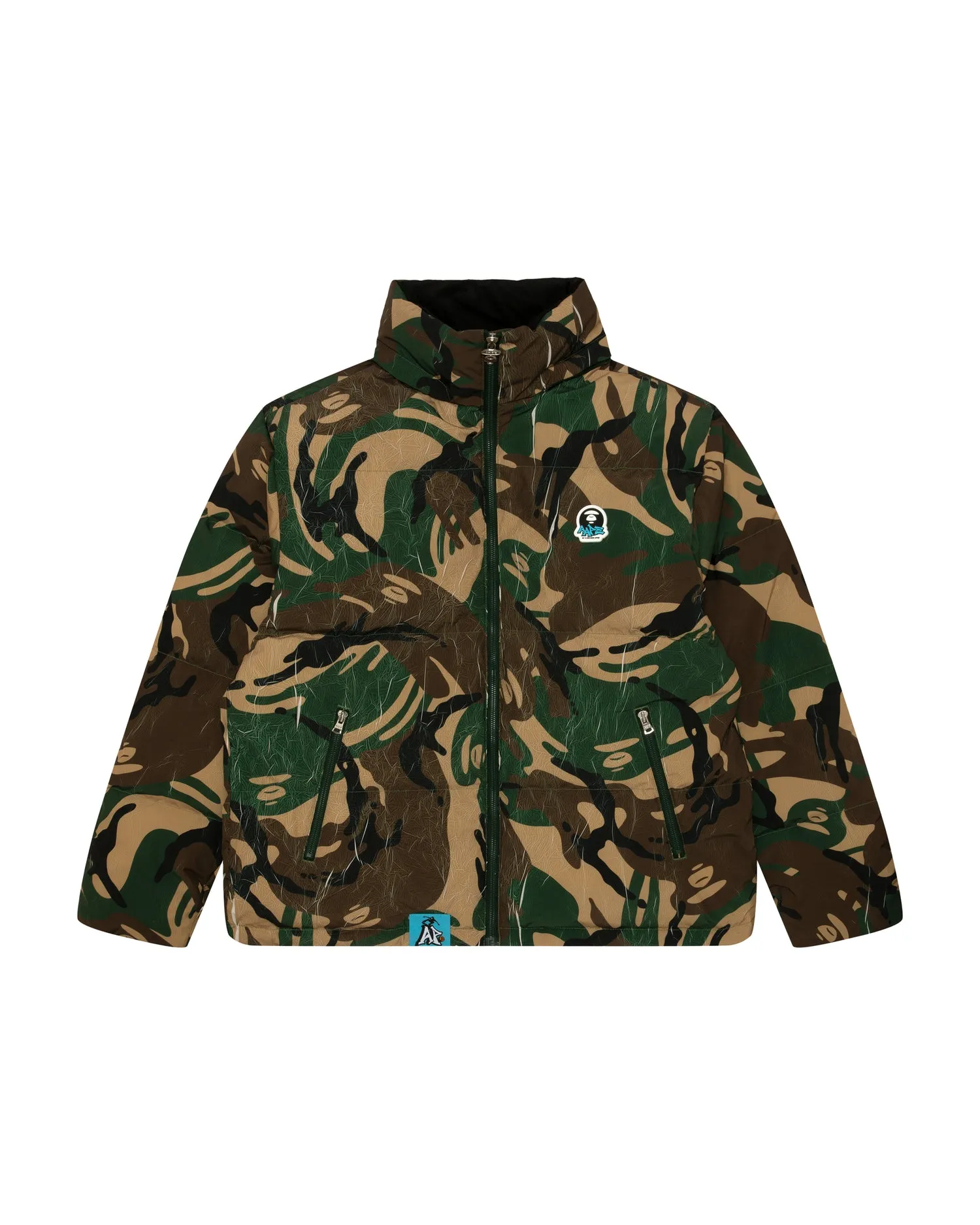 Moonface logo camo hooded puffer jacket
