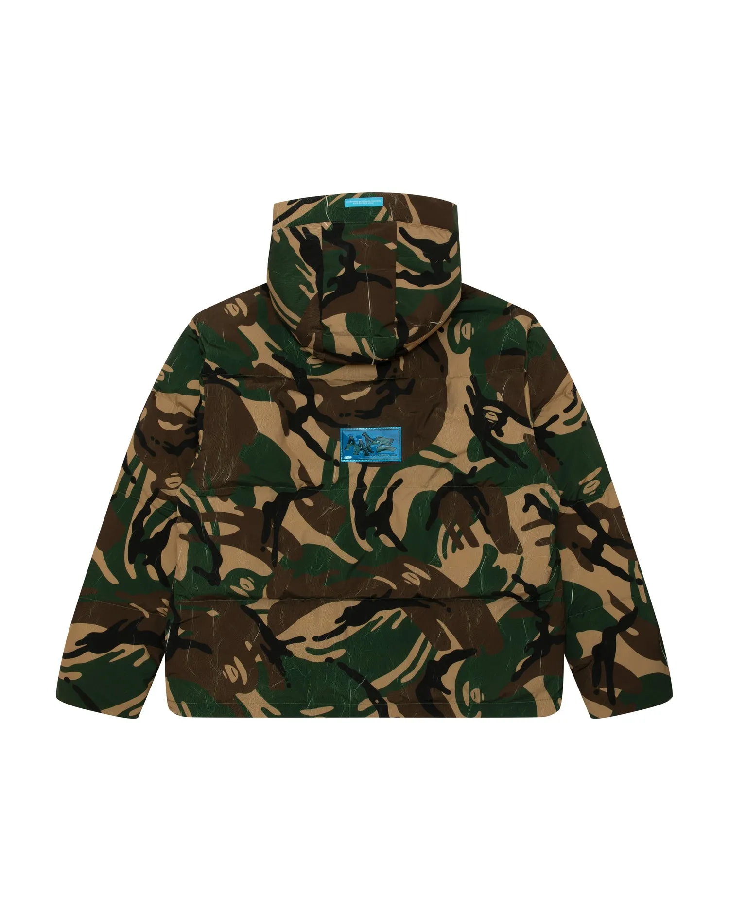 Moonface logo camo hooded puffer jacket