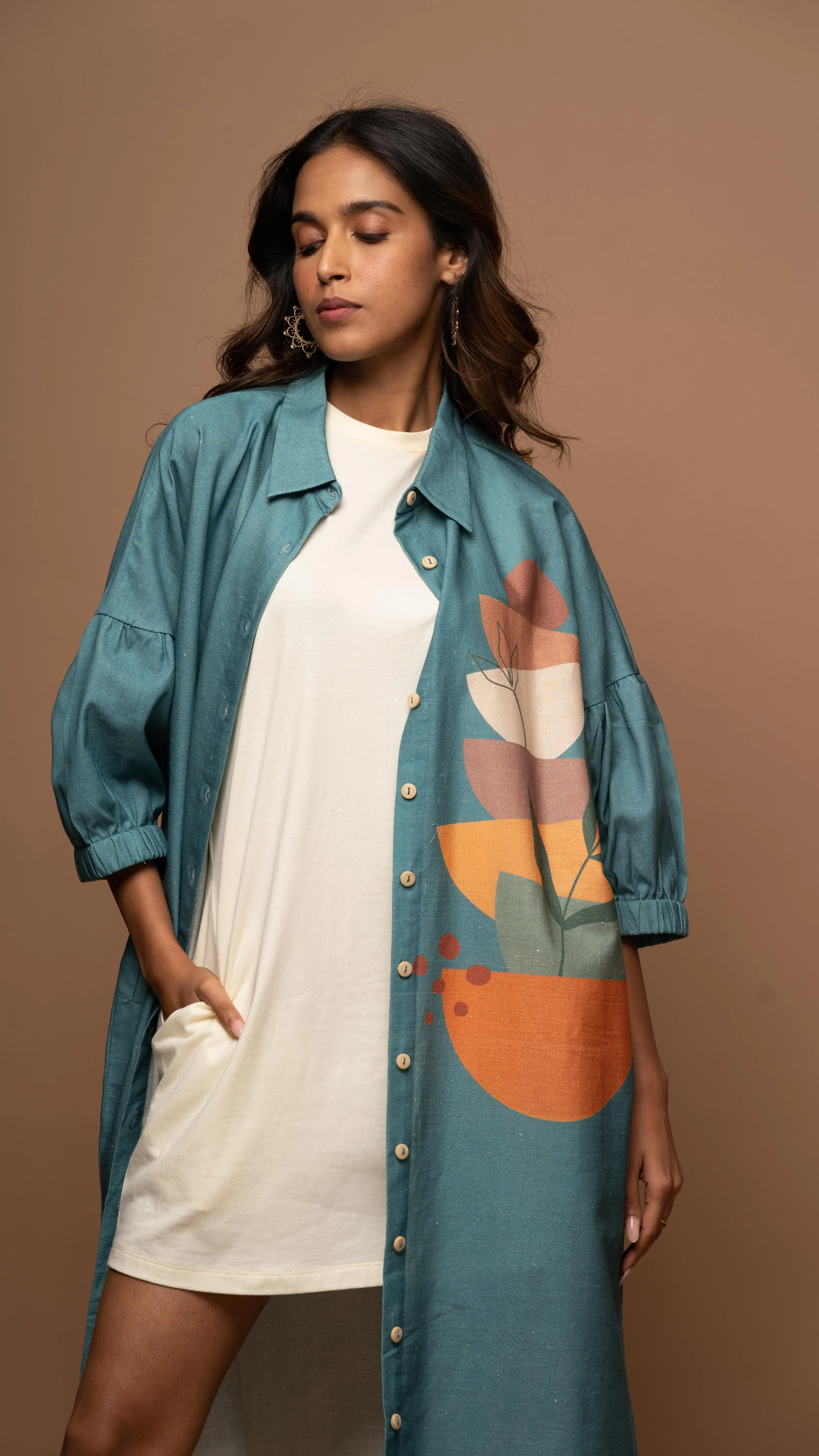 Muted Blue Semicircle Stacks Shirt Dress