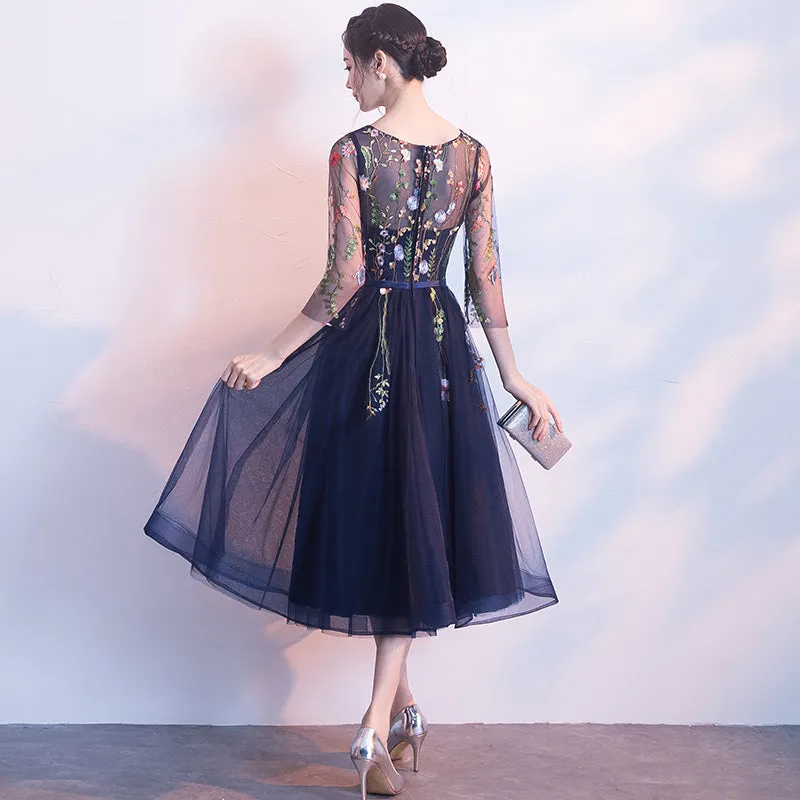 Navy Blue Lace Floral Tulle Tea Length Wedding Party Dress, Blue Formal Dress