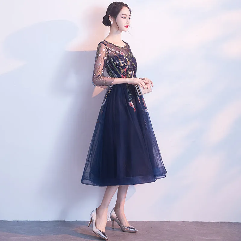 Navy Blue Lace Floral Tulle Tea Length Wedding Party Dress, Blue Formal Dress