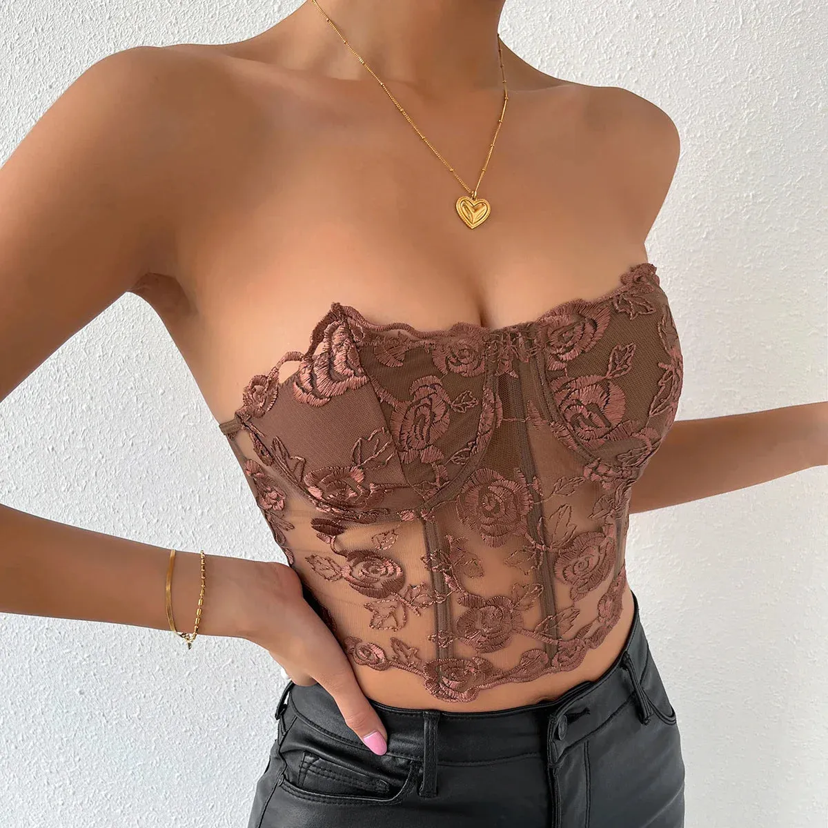 Noelle - Floral Lace Strapless Corset Top