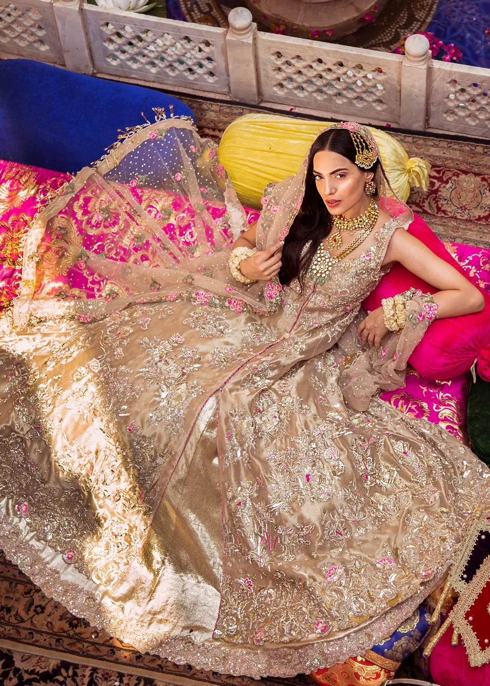 Pakistani Bridal Gold Tissue Lehnga for Wedding #J5158