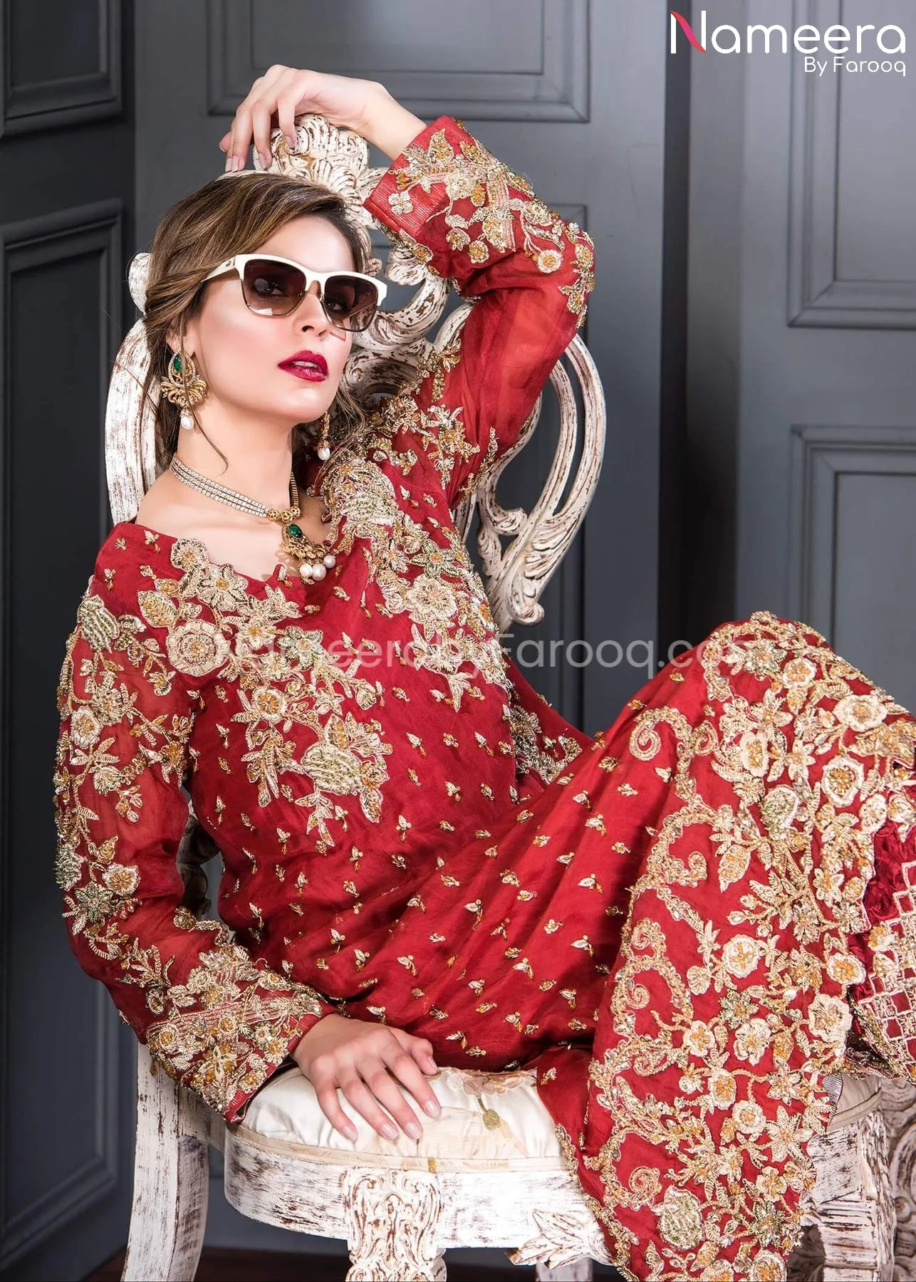 Pakistani Wedding Organza Shirt Trouser in Red #WN25