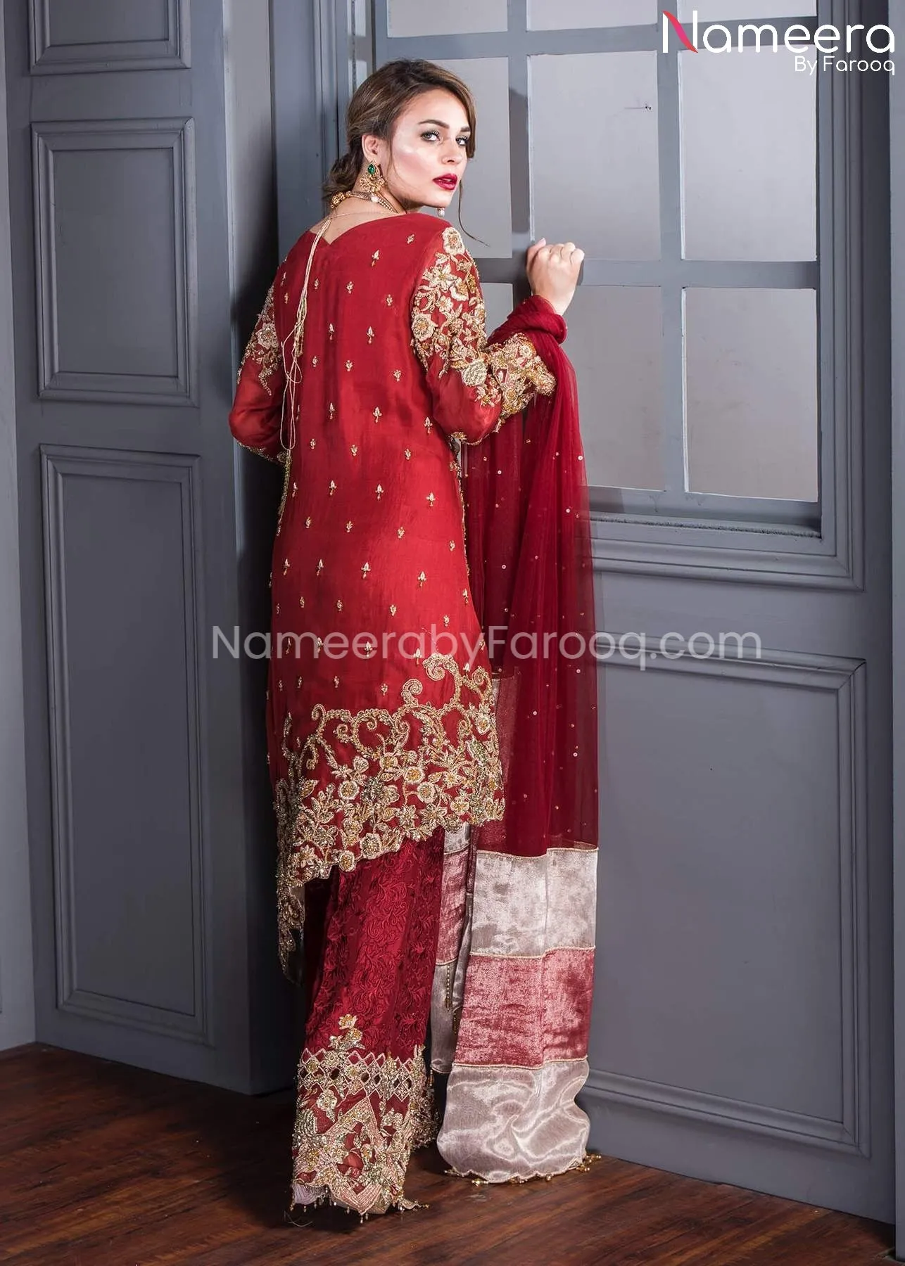 Pakistani Wedding Organza Shirt Trouser in Red #WN25