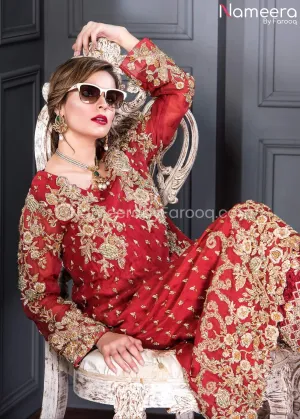 Pakistani Wedding Organza Shirt Trouser in Red #WN25