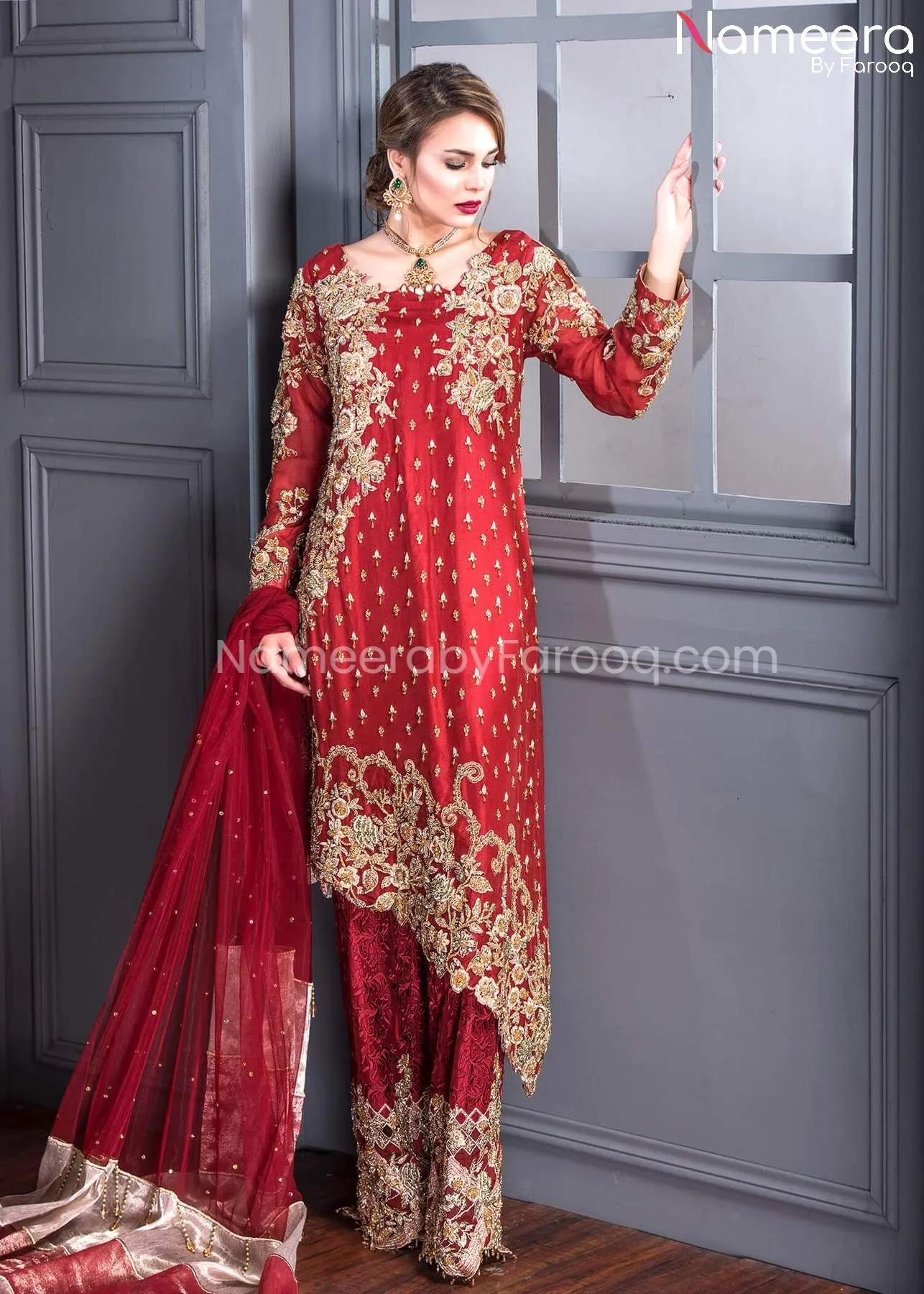 Pakistani Wedding Organza Shirt Trouser in Red #WN25