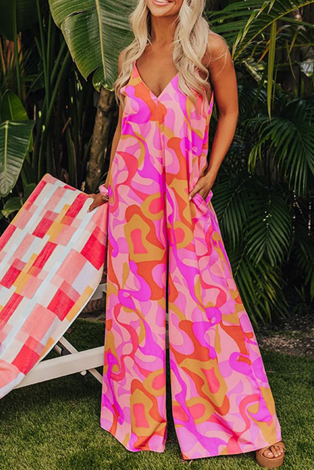 Pink Abstract Print V Neck Slouchy Wide Leg Jumpsuit