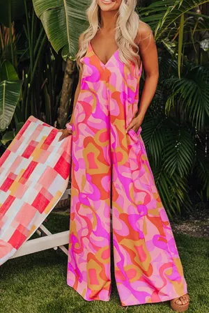 Pink Abstract Print V Neck Slouchy Wide Leg Jumpsuit