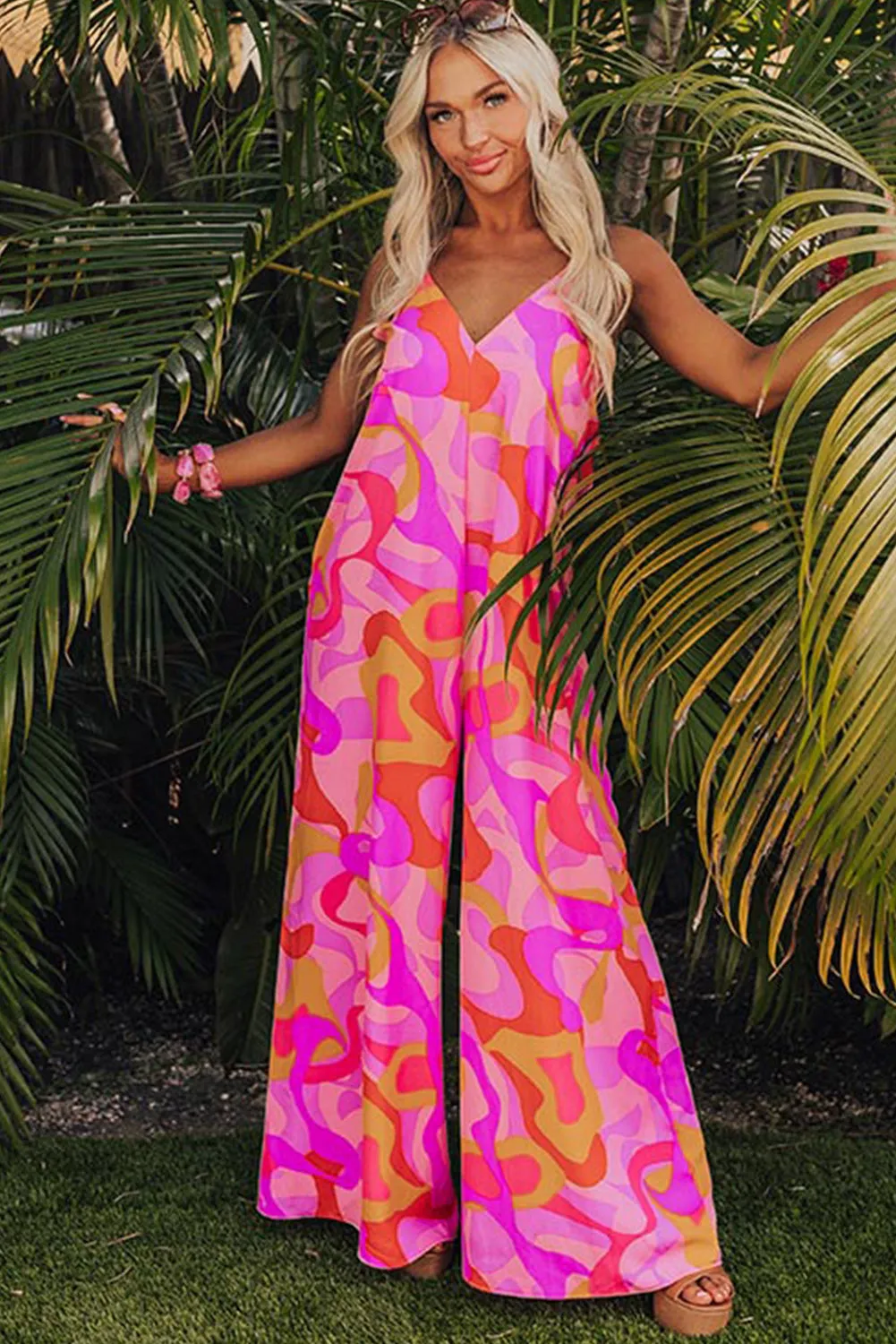 Pink Abstract Print V Neck Slouchy Wide Leg Jumpsuit