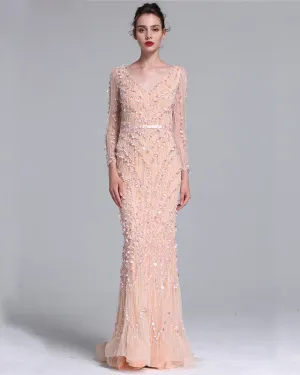 Pink Beading Mermaid Tulle Prom Dress