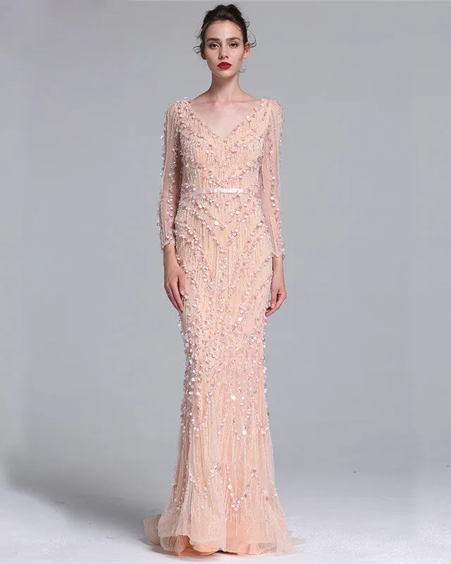 Pink Beading Mermaid Tulle Prom Dress