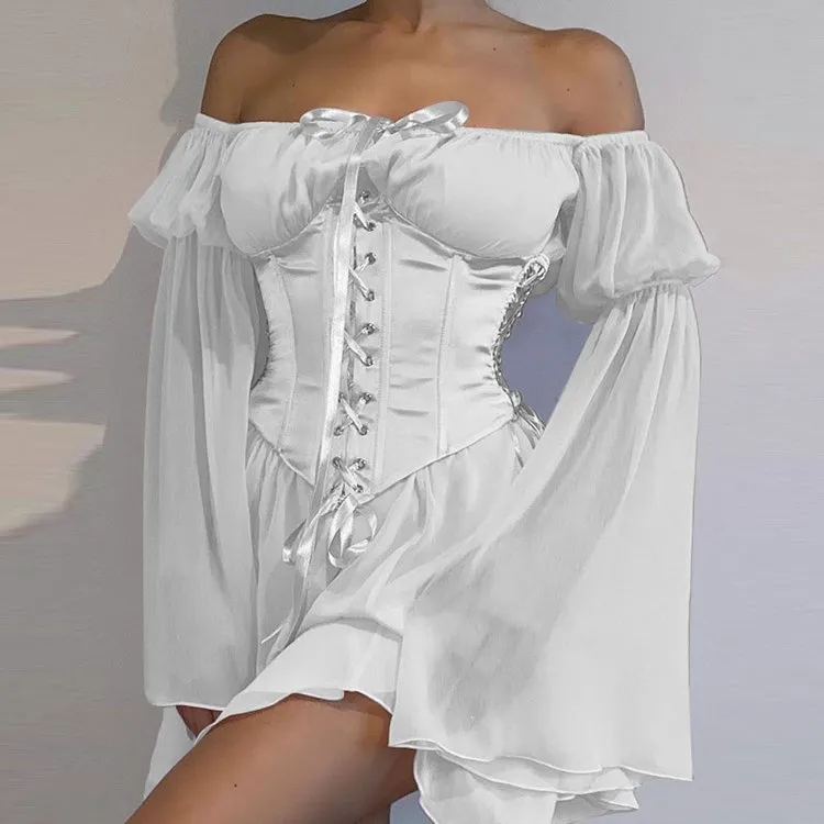Pink Black White Off Shoulder Lace Up Dress Waistband Set UB7333