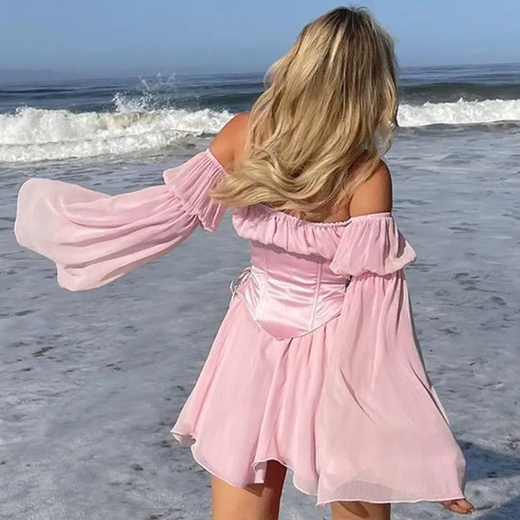 Pink Black White Off Shoulder Lace Up Dress Waistband Set UB7333