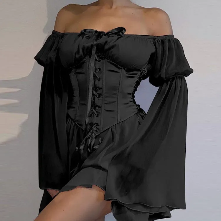 Pink Black White Off Shoulder Lace Up Dress Waistband Set UB7333