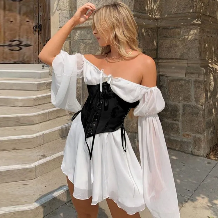 Pink Black White Off Shoulder Lace Up Dress Waistband Set UB7333