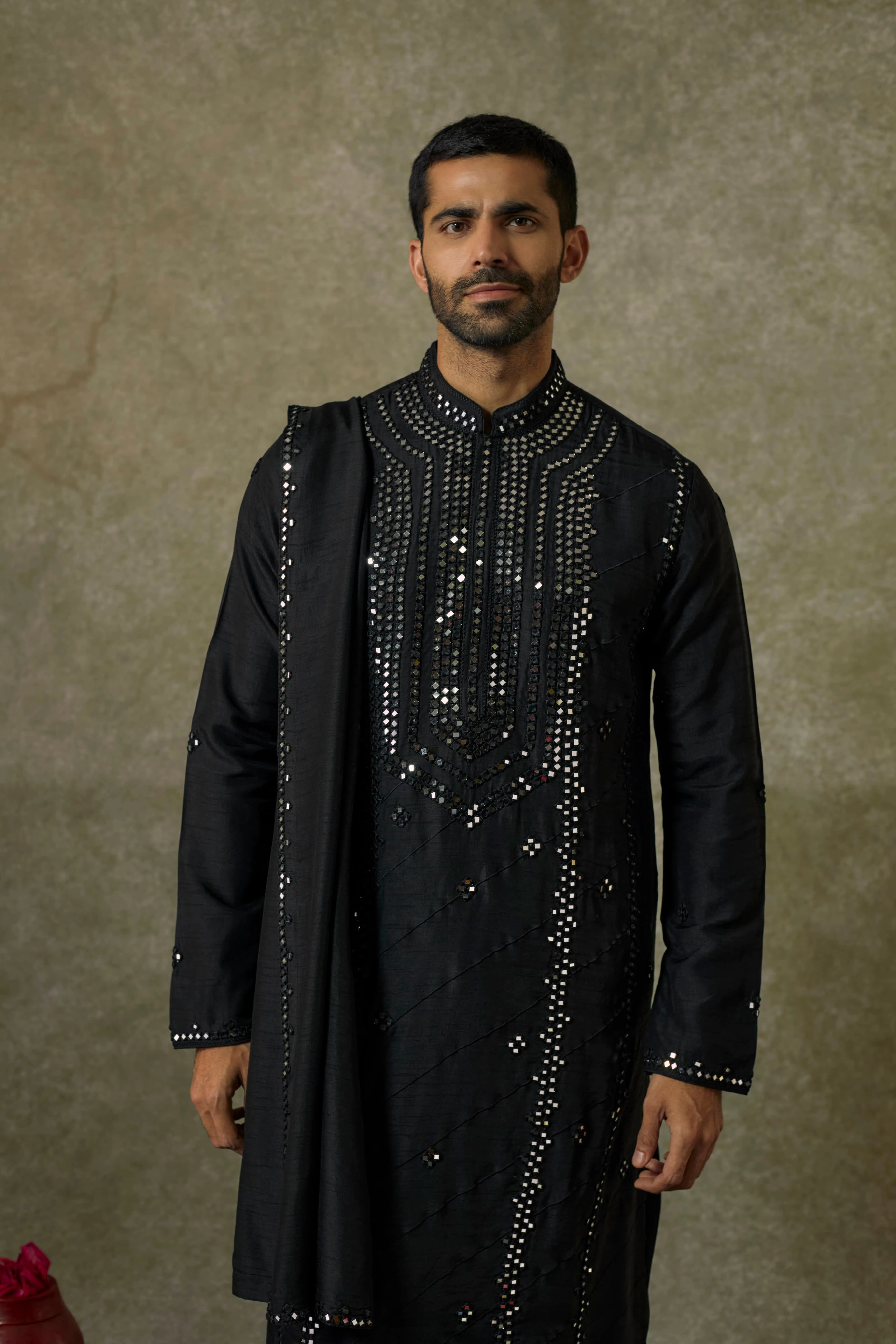 Pitch Black  art silk mirror embroidered patiala suit set