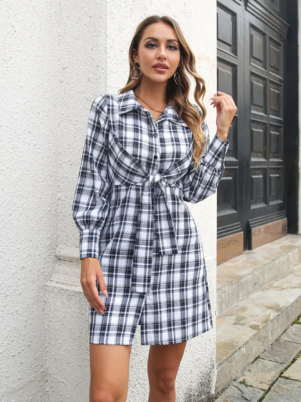 Plaid Shirt Dress with Tie-Front and Button-Down Design