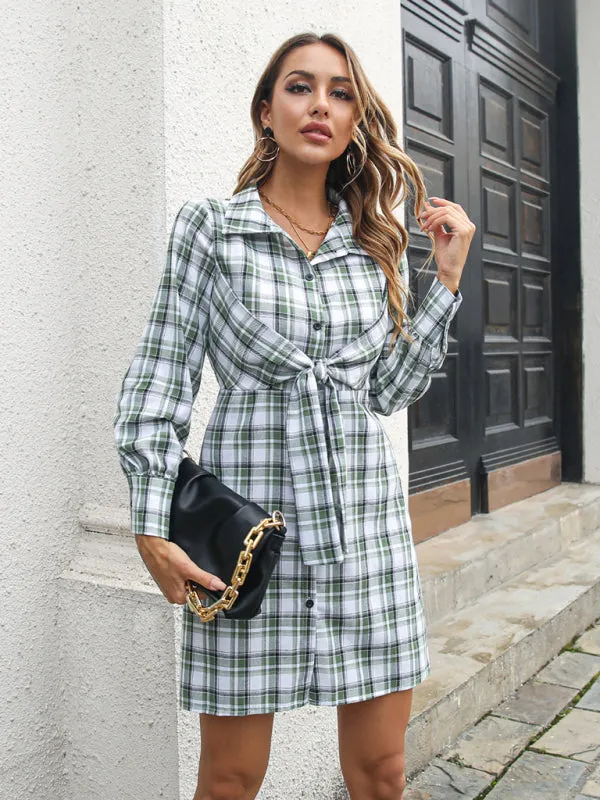 Plaid Shirt Dress with Tie-Front and Button-Down Design