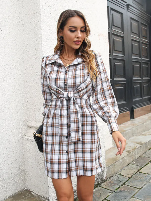 Plaid Shirt Dress with Tie-Front and Button-Down Design