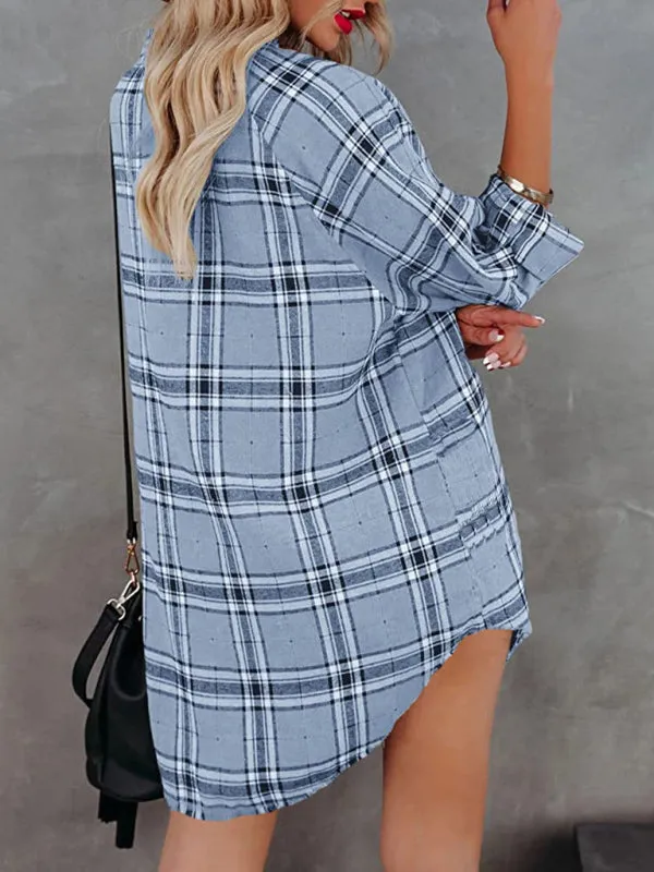 Plaid V-Neck Shirt Dress with Button-Down Front