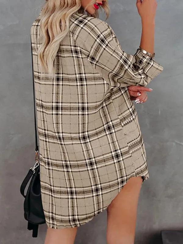 Plaid V-Neck Shirt Dress with Button-Down Front