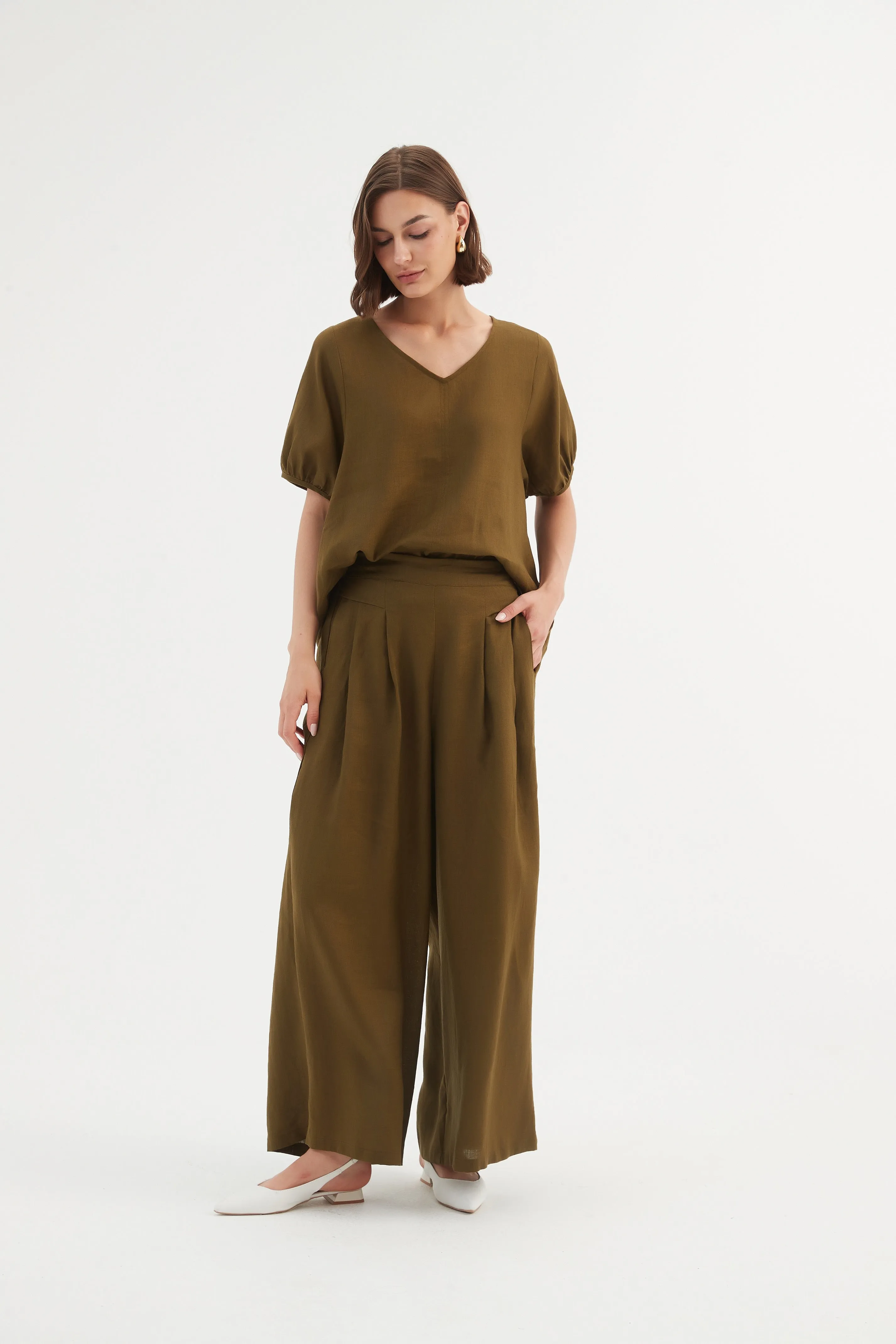 Pleat Front Palazzo Pant - Dark Moss