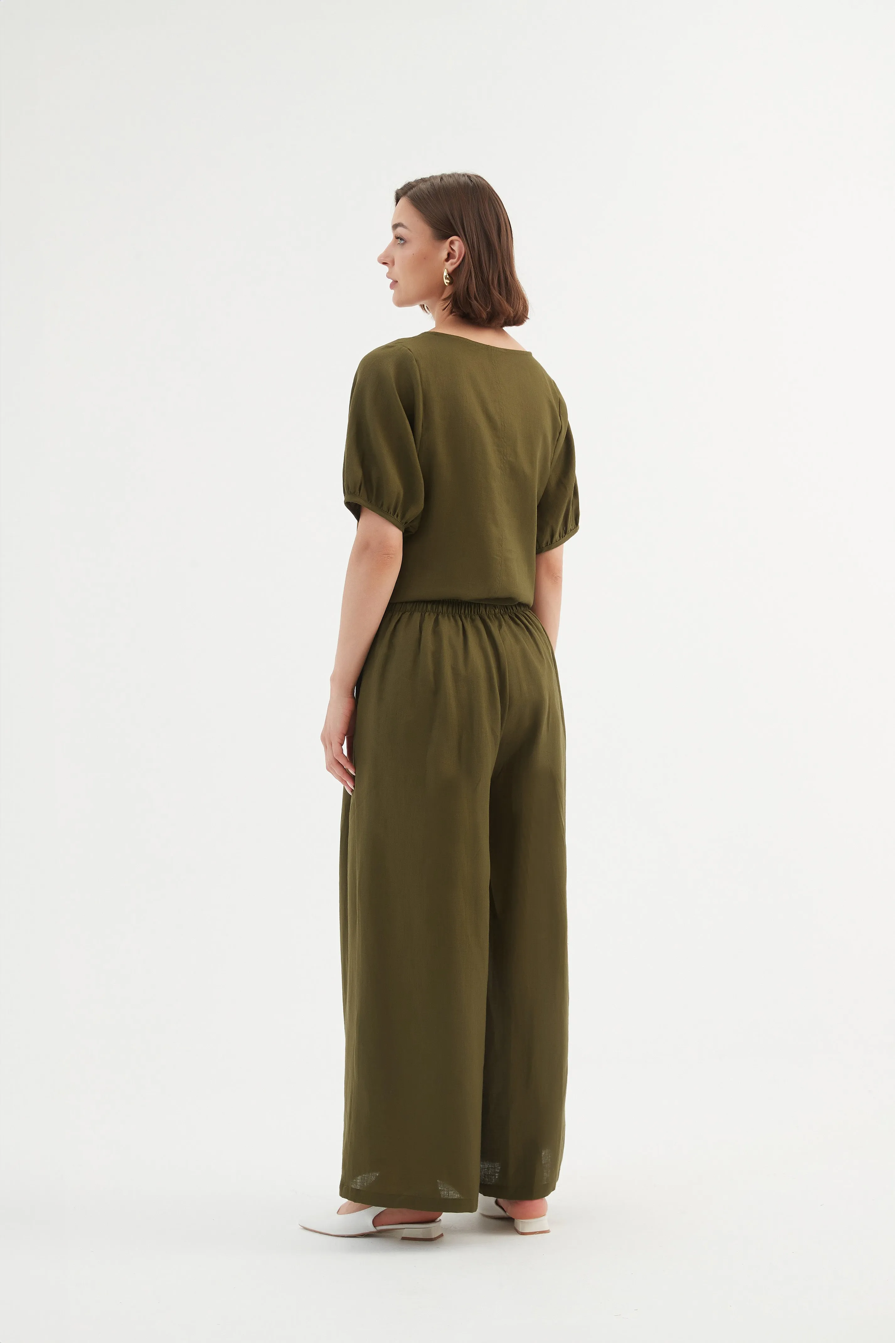 Pleat Front Palazzo Pant - Dark Moss